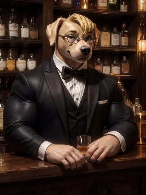 Masterpiece realistic, best ultra quality, perfect intricate details, RAW Photo, nice cinematic lighting, 4K, detailed background, big muscle, big muscle, bartender Labrador, glasses, male, short hairstyle, blonde hair, tuxedo, behind counter, bar, smile, ...
