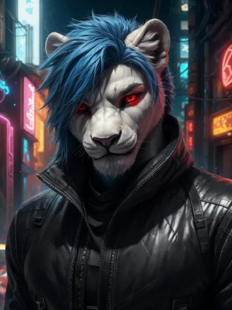 Masterpiece realistic, best ultra quality, perfect intricate details, RAW Photo, nice cinematic lighting, 4K, detailed background, male white lion, blue hair, red eye glow, assassin, black tech suit, pov camera, look at viewer, stare, cyberpunk, medium hai...