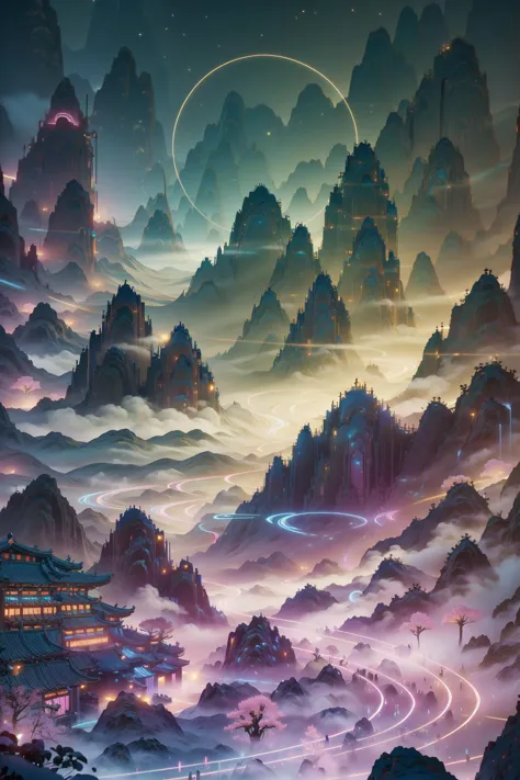 (best quality, masterpiece, absurbres, super-resolution:1.1),
landscape,city,night,DiscoTech,uv blacklights,sequined,scifi,<lora:DiscoTech:1>,guofeng,chinese style,<lora:Chinese style illustration v2:1>,