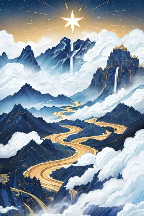 a painting of a mountain landscape with a star above the clouds