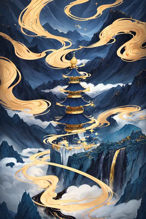 a painting of a mountain with a waterfall and a golden tower