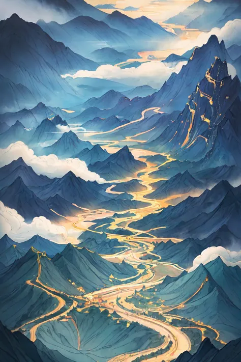 painting of a winding road in the mountains with a mountain in the background