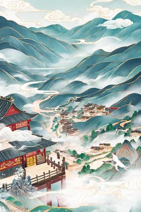 painting of a mountain village with a pagoda and a river