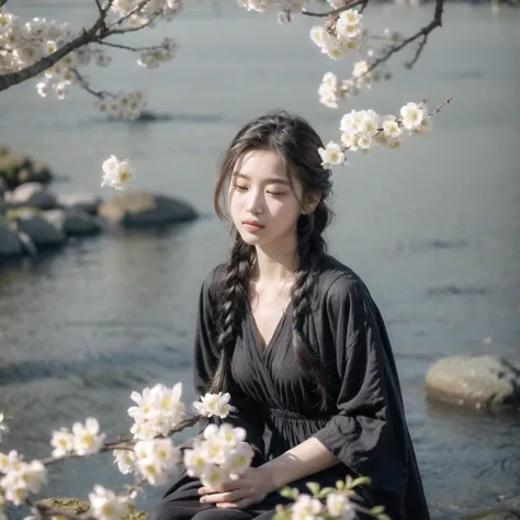 mid shot of A 21year-old girl sitting on a rock in a garden,outdoor,long black braided hair,long dress,(many branches of white flowers growing around her),peaceful,tranquil,sunshine,(5fingers),(masterpice:1.1),bright theme,(ultra-detailed),detailed texture,<lora:Chinese style illustration v2:1>,<lora:more_details:1>,