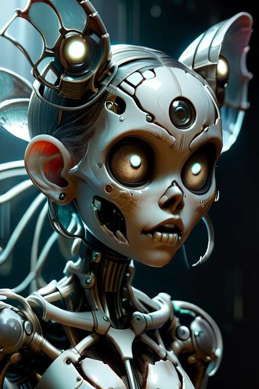 Mecha cyber démon zombie lutin dans un laboratoire futuriste, ailes de circuits lumineux à l&#39;arrière, membres et machines mécaniques complexes, chambres en verre remplies de liquide bouillonnant, 1fille,yeux bioniques, améliorations du visage cybernétique, 
 squelette chrometech