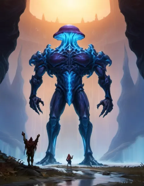 a giant menacing blue mushroom with strong arms and legs is towering over a minuscule human figure, low point of view, fantasy, ...