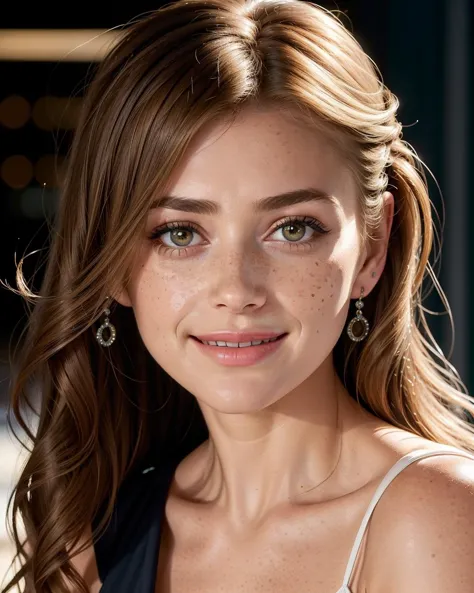 a close up of a woman with freckles and a black dress