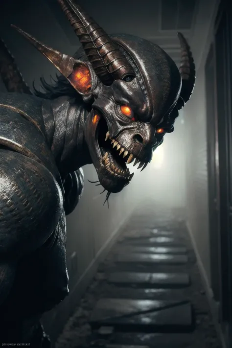 a demonic looking demon with horns and glowing eyes in a hallway