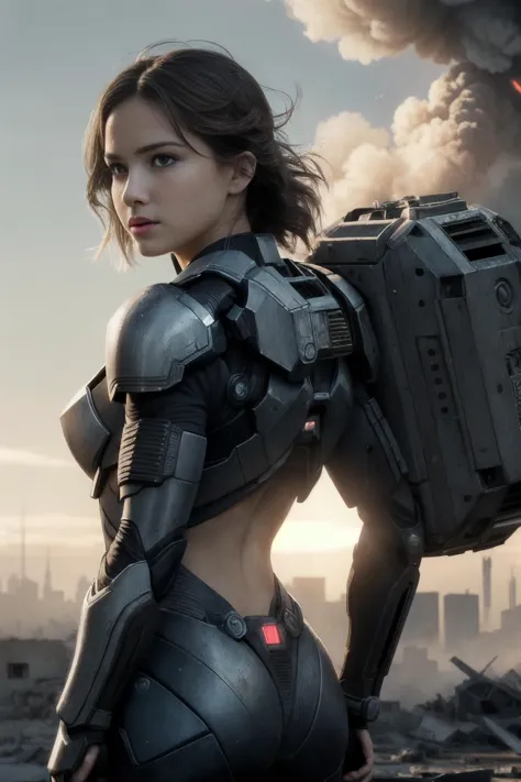 a woman in a futuristic suit holding a large machine