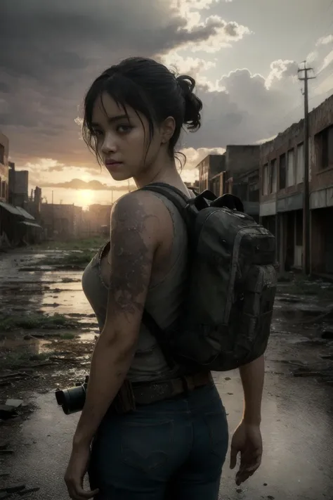 a woman with a backpack standing in a dirty street