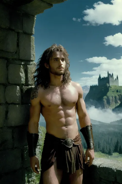 a shirtless man in a gladia outfit standing in front of a castle