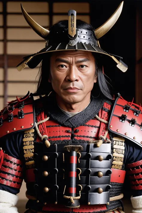 a close up of a man in a samurai costume with a helmet on