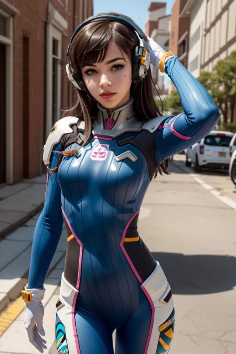 (masterpiece, best quality),  intricate details,
1girl,   <lora:dva:0.8> 1girl, d.va (overwatch), solo, long hair, whisker markings, bodysuit, brown hair, facial mark, gloves, breasts, brown eyes, pilot suit, cowboy shot, headphones, white gloves, medium breasts, swept bangs, skin tight, animal print, bangs, bunny print, ribbed bodysuit, facepaint, pink lips,