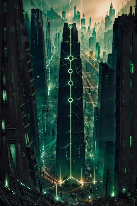 a poster of a futuristic city with lightnings and lightning