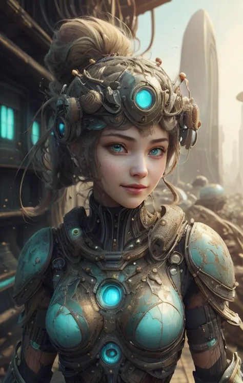 a woman in a futuristic suit with blue eyes and a futuristic helmet