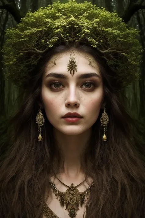 a woman with a crown of moss on her head