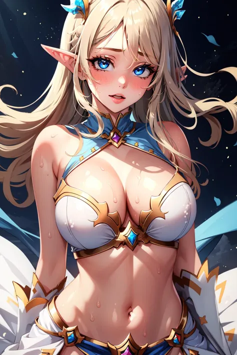 (masterpiece, best quality),  intricate details,
1girl,  <lora:janna:0.8> janna, pointed ears, sweating, boob sweat, 
white  dress, midriff, pelvic curtain, cleavage, 
 <lora:ahegao-20:0.8> ahegao,  face focus, upperbody,