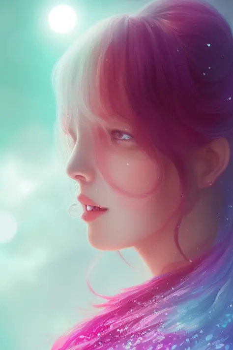 digital illustration style, book cover,  incredibly detailed, 1girl, rainbow hair, kimono, summer time, heterochromia, looking_at_viewer,  short_hair, solo, foggy future cinematic lighting, wlop, art by artgerm, anidzk2