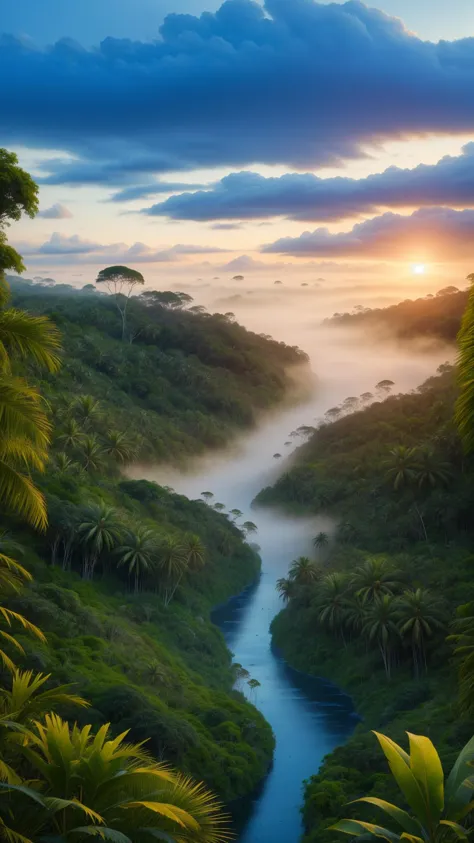 a river runs through a lush green jungle with fog