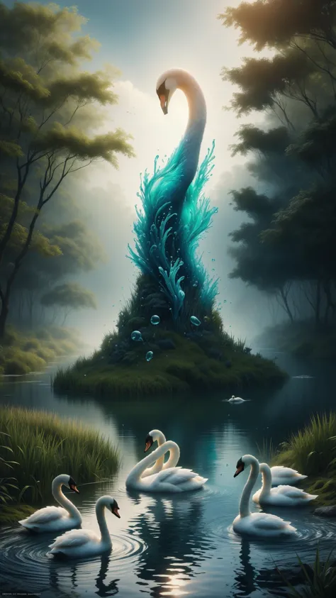 ElementWater Pintura digital realista de un sereno estanque lleno de cisnes de origami, La suave luz del sol se filtra a través de los árboles., Follaje verde vibrante, still agua, cisnes de colores pastel, pliegues intrincados, reflections on the agua, poca profundidad de campo, sombras suaves, Atmósfera pacífica, colores vibrantes y vivos, estilo impresionista, soñador, Alta resolución, detallado, estación de arte, Arte conceptual, ilustración, Gran angular, libro de arte, fondo de pantalla, arte salpicado, arte promocional, iluminación dramática, Inspirado en la naturaleza, agua,  Húmedo, gotas, (obra maestra:1.3) (mejor calidad:1.2) (alta calidad:1.1)