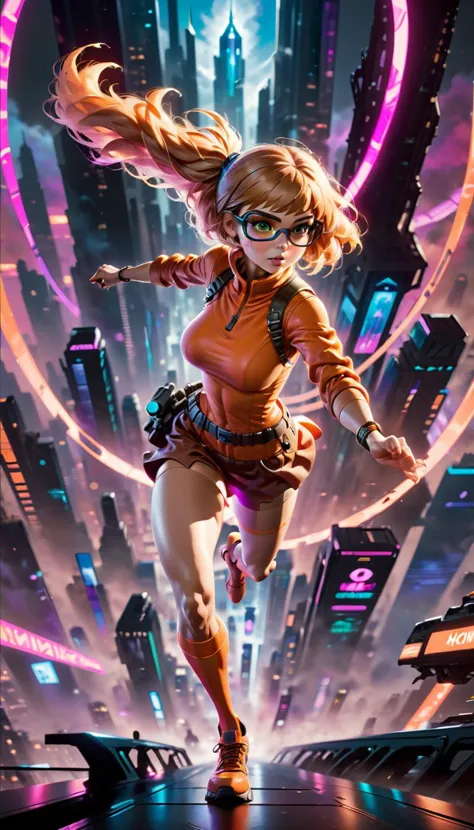 Create an epic 3D style anime illustration featuring an SDXLVELMA person exploring an alien metropolis, from above, set against a dark nebula background, curious expression of wonder, towering skyscrapers, bustling streets, and unique architectural structures that reflect the alien culture, dressed in sleek futuristic cyberpunk attire with leggings, thin muscular legs, slim athletic build, accented by vibrant neon colors and glowing accents, focal point should be the character's sense of isolation and wonder as she navigate's through uncharted territories, high contrast, bright neon lights illuminating the character and the city, incorporate futuristic technology and space themes throughout the illustration, mood should evoke a sense of awe-inspiring discovery, synthwave aesthetics, using retro-futuristic elements and color schemes to enhance the neonpunk atmosphere, <lora:Randommaxx_dark_offset_v1.1_lora_fp16:0.8> <lora:sdxlvelma:0.8> sdxlvelma