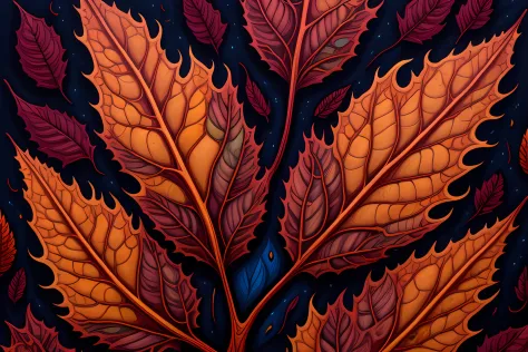 deatiled art by dan mumford in 8k format . beautiful psychedelic autumn leaf close-up . greg rutkowski colors. extreme large num...