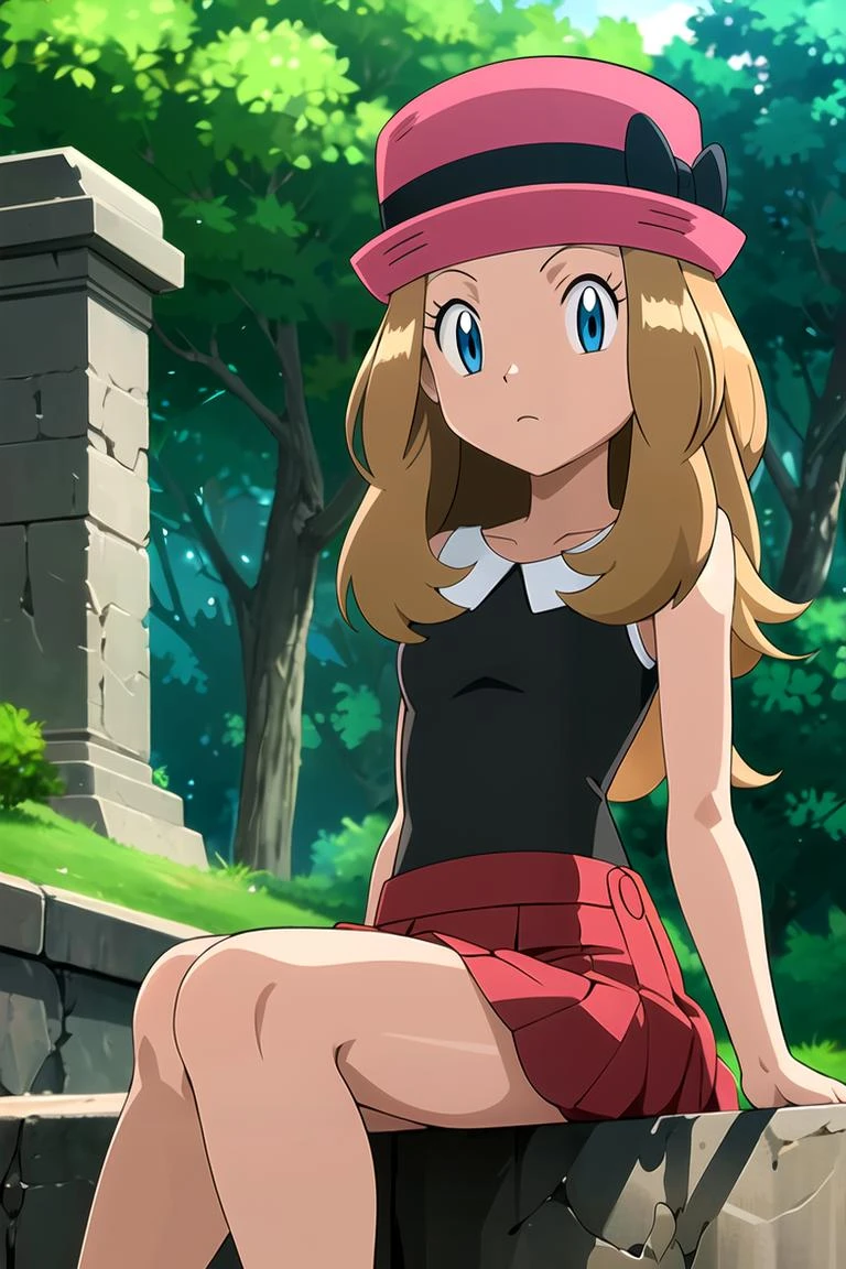 masterpiece, best quality, highres, outdoors, 1girl, solo, serena (pokemon), pink headwear, red skirt, black shirt, bare shoulders, looking at viewer, 