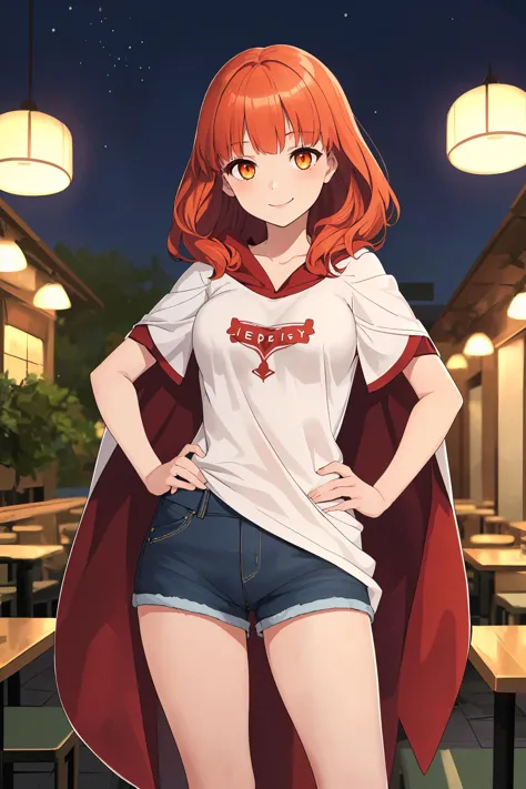 masterpiece, best quality, absurdres, 1girl, solo, smile, standing, facing viewer, EPfeCelica, orange eyes, red hair, viewpoint, restaurant, evening, pray hand on hip, poncho, denim shorts, happy