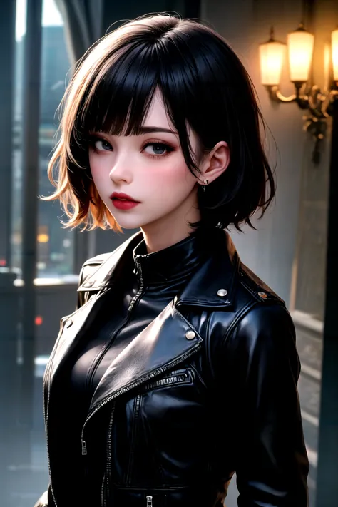 1girl, solo, looking at viewer, short hair, black hair, jacket, upper body, black eyes, lips, makeup, portrait, lipstick, red lips, leather, leather jacket, , magic atmosphere, dynamic dramatic composition, epic, very inspirational, stunning, lush, dynamic dramatic beautiful full taking, luxurious