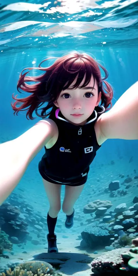 (((Ultra-HD-details, reallife-reality))) (((first-person-selfie-in-places-style))) 1girl, underwater-scenery