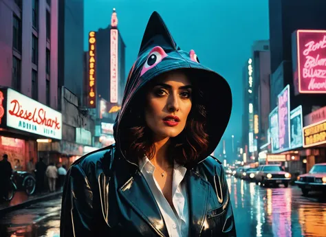 woman in a black hat and leather jacket standing on a city street