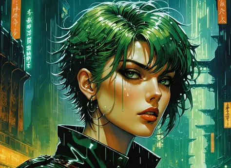 a close up of a woman with green hair and a black jacket