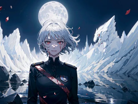 anime girl in uniform standing in front of a mountain with a full moon