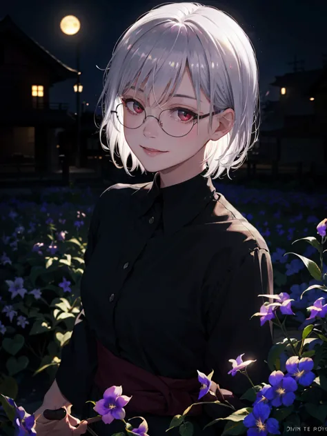 anime girl with glasses standing in a field of flowers