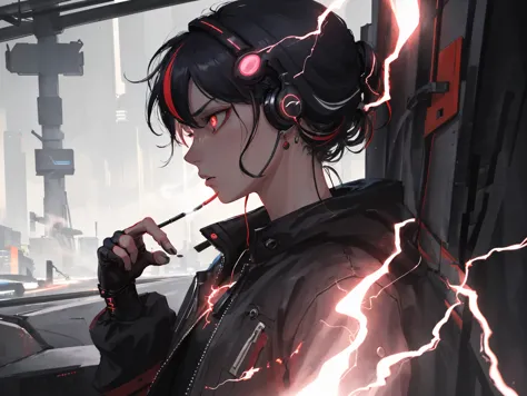 (a cool girl, streaked hair), very detailed, photo, cyberpunk, electricity headset, some pet cat around her neck, earrings, mast...
