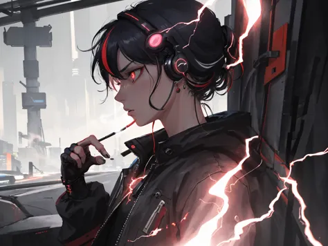 anime girl with headphones and a cigarette in a city