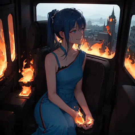 anime girl sitting in a car with fire in her hands