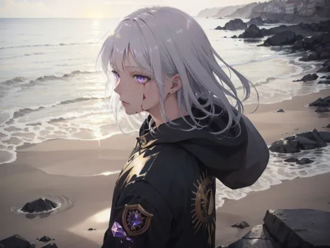 anime girl with white hair and purple eyes standing on the beach