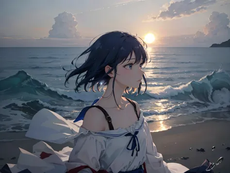 anime girl sitting on the beach looking out at the ocean