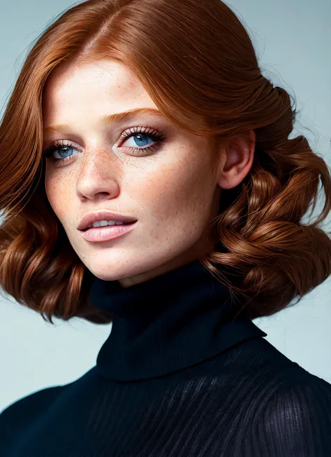 a close up of a woman with a freckled hair and a turtle neck