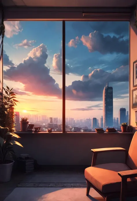 masterpiece,best quality, highly detailed,  score_9, score_8_up, score_7_up, score_6_up,source_Anime, rating_explicit detailed,BREAK
, neodark, scenery, plant, cityscape, cloud, sky, chair, city, window, skyscraper, indoors, building, night, city lights, cloudy sky