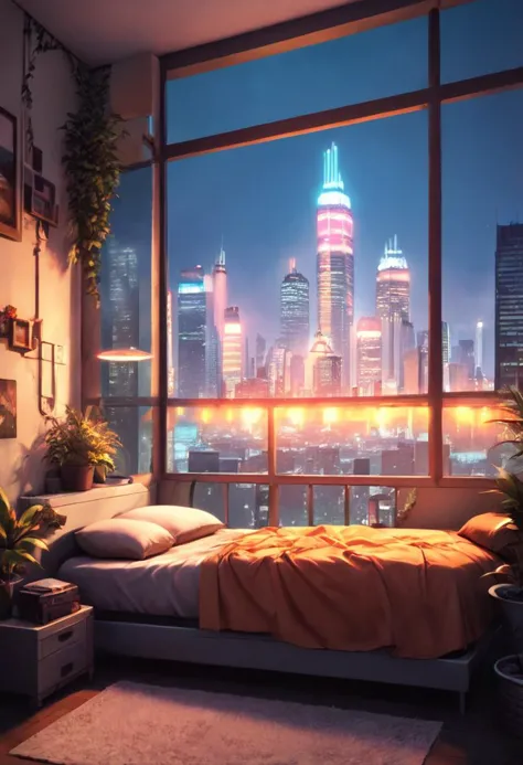 masterpiece,best quality, highly detailed,  score_9, score_8_up, score_7_up, score_6_up,source_Anime,BREAK
neodark, scenery, cityscape, night, city, bed,window, building, sky, city lights, skyscraper, neon lights, plant, indoors