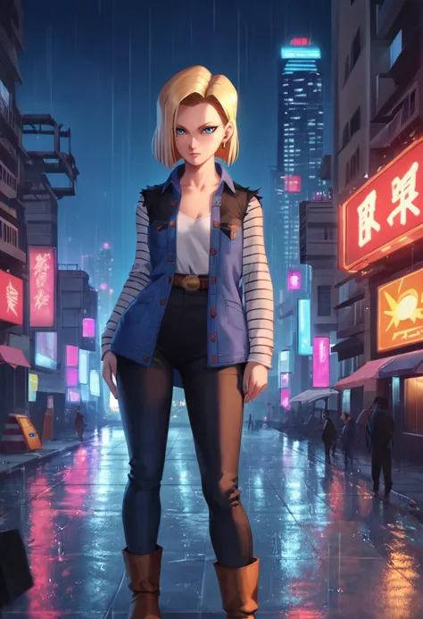 masterpiece,best quality, highly detailed,  score_9, score_8_up, score_7_up, score_6_up,source_Anime, rating_explicit detailed,BREAK
android_18, dragon_ball, 1girl, blonde_hair, blue_eyes, neodark, neon lights, rain, city,  building, outdoors,  cityscape,  cyberpunk, city lights