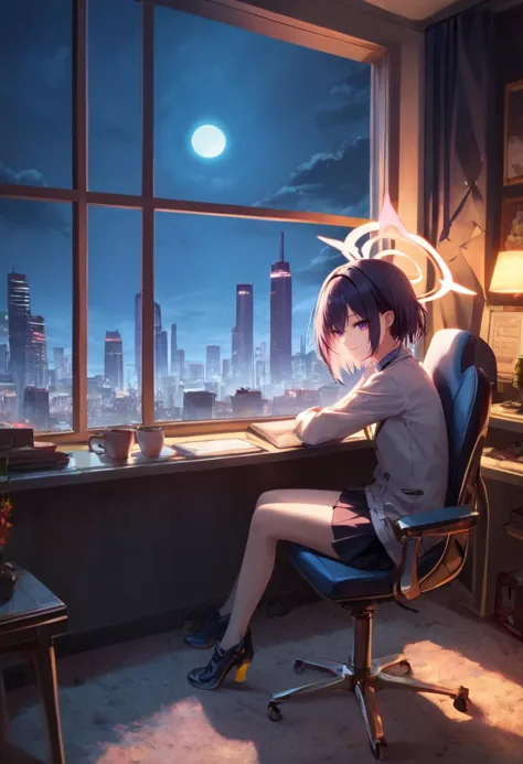 masterpiece,best quality, highly detailed,  score_9, score_8_up, score_7_up, score_6_up,source_Anime,BREAK
azusa_(blue_archive), blue_archive, 1girl, white_hair, purple_eyes, neodark, cityscape,chair, city, window, indoors, building, night,