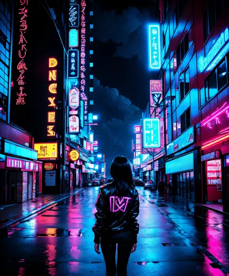 RAW photo of 1girl black hair, building, city, city lights, cityscape, cloud, dark, from behind, jacket, neon lights, neostyle, night, road, scenery, sign, table