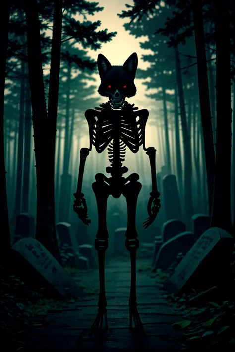 (masterpiece, best quality, hyper detailed), full body, men (fox head) (skeleton body), graveyard, smokes, trees,<lora:neostyle....