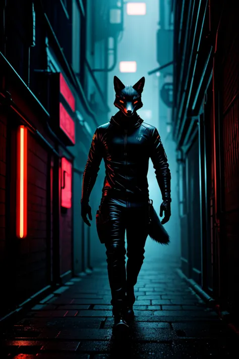 (masterpiece, best quality, hyper detailed), full body, men, (head fox), cyberpunk, hacker, neon lights:1.1, dark alleyway, neostyle, ray tracing,