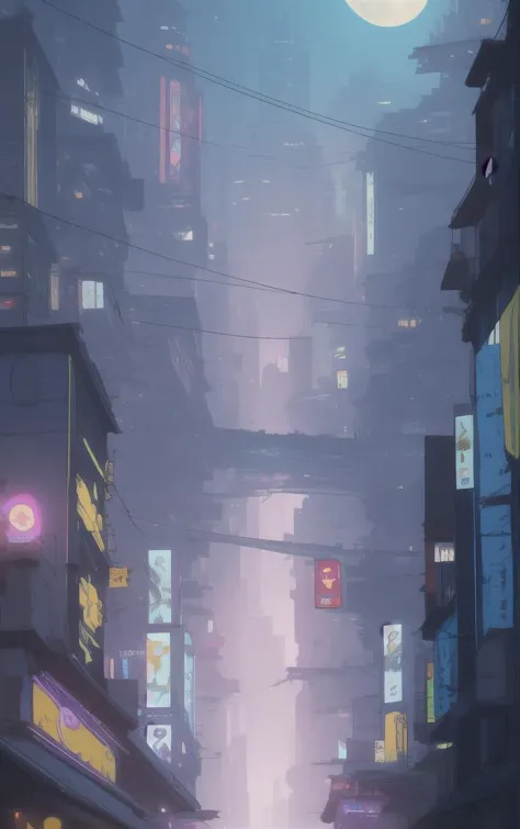 a painting of a city street with a lot of buildings and neon lights