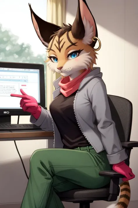 (anthro furry:1.2), MiyuCzar, female, lynx, (brown fluffy fur, lynx ears, tail, blue eyes, small breasts, gold hoop ear ring), (green pants, grey jacket, brown gloves, pink shirt), (sitting, desk, desk chair, computer, monitor, keyboard, computer mouse), (masterpiece:1.2), hires, ultra-high resolution, 8K, high quality, (sharp focus:1.2), clean, crisp, cinematic, <lora:Miyu1-12:1>