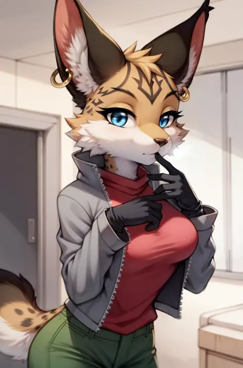 (anthro furry:1.2),1girl, solo,  MiyuCzar, female, lynx, (brown fluffy fur, lynx ears, blue eyes, small breasts, gold hoop ear ring), (grey jacket, pink shirt, green pants, gloves), (standing, blowing kiss,), (masterpiece:1.2), hires, ultra-high resolution, 8K, high quality, (sharp focus:1.2), clean, crisp, cinematic, 